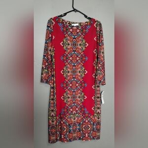 London Style Collection Sheath Dress Sz (12) Red Paislet Mandela Print 3/4 Sleev